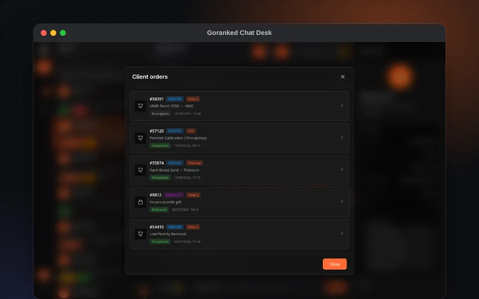 The customer’s order history opens without leaving the chat.