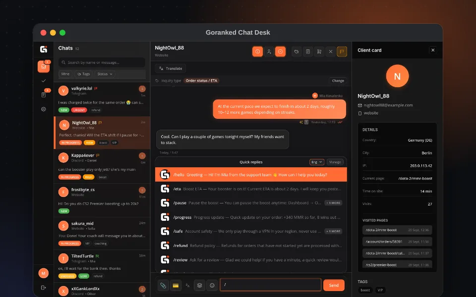 Quick replies via “/” right in the message field, with the customer card on the right.