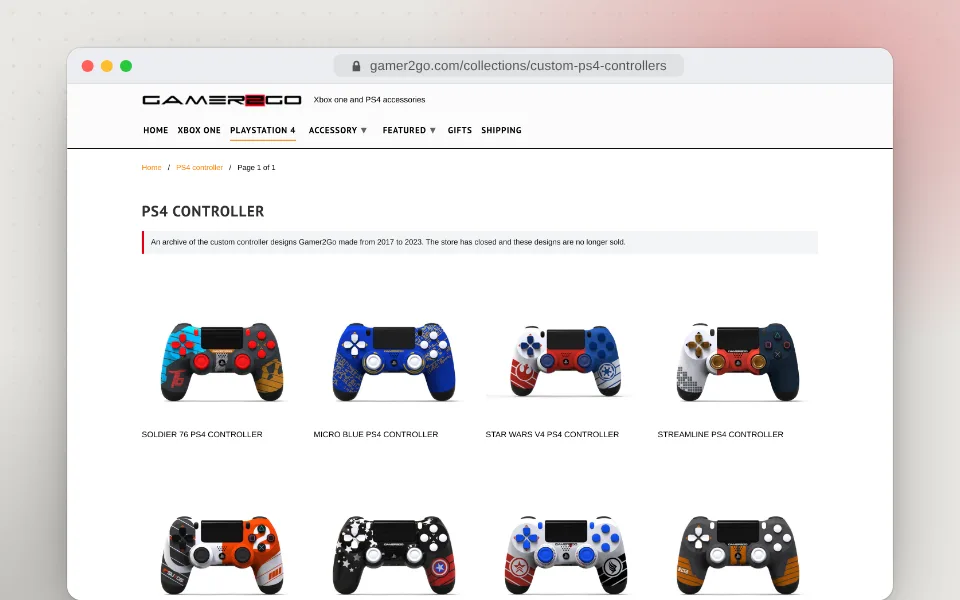 The PS4 controller collection: a design archive instead of a store — with a note that sales have ended.