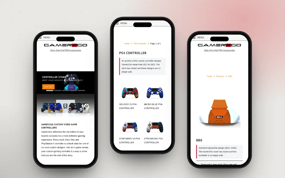 The restored mobile version: home page, collection and product page.