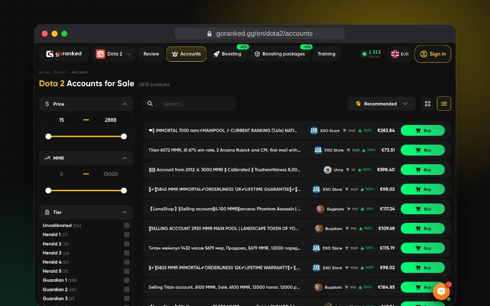 The Dota 2 account catalogue with filters by price, MMR and rank.