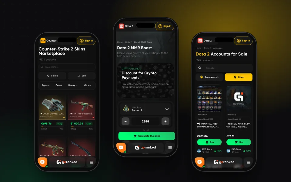 Mobile version: the skin market, the boost calculator and the account catalogue.