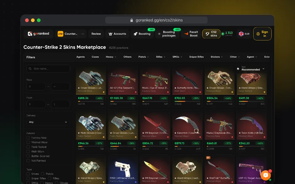 The CS2 skin market: more than 15,000 items, filters by price, float and quality.